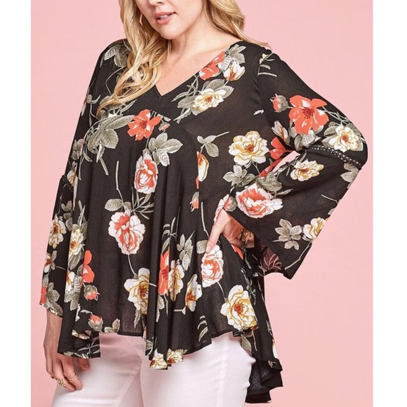 Plus Black Floral Bell Sleeve Babydoll Tunic Top - Picture 4 of 6
